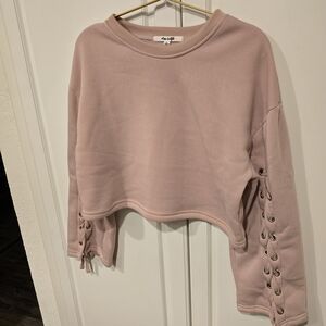 Miss Selfie + Blush Cropped Sweatshirt with Lace-Up Sleeves